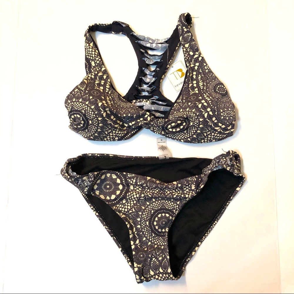NWT TiniBikini Med Black Tan Bikini w/ T-Back Top